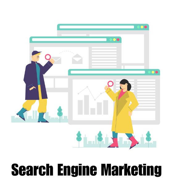 Illustration of two people holding magnifying glasses examining a webpage, symbolizing SEM marketing and paid search analysis.