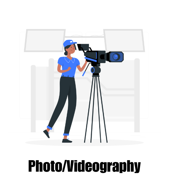Illustration of a videographer at work using a camera and tripod to film a scene on set.